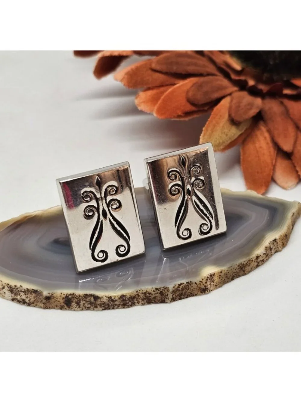 Vintage FOSTER Silver Tone Swirl Cufflinks Men's Etched Jewelry